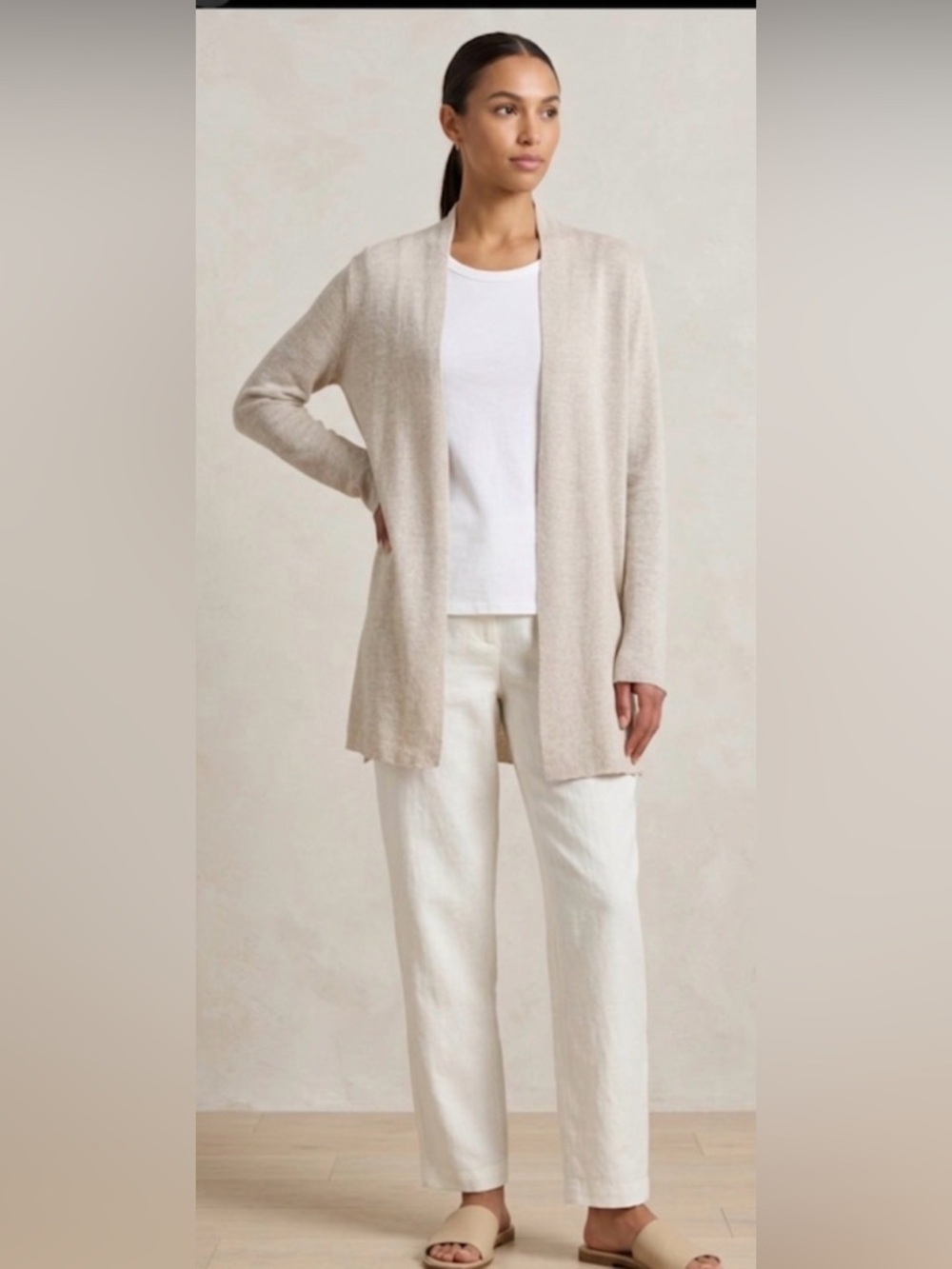 Eileen Fisher 100% Organic Linen Open Front Cardigan - Natural Bone
